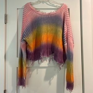 Skylar + Madison Distressed Off The Shoulder Tie Die Knit Sweater